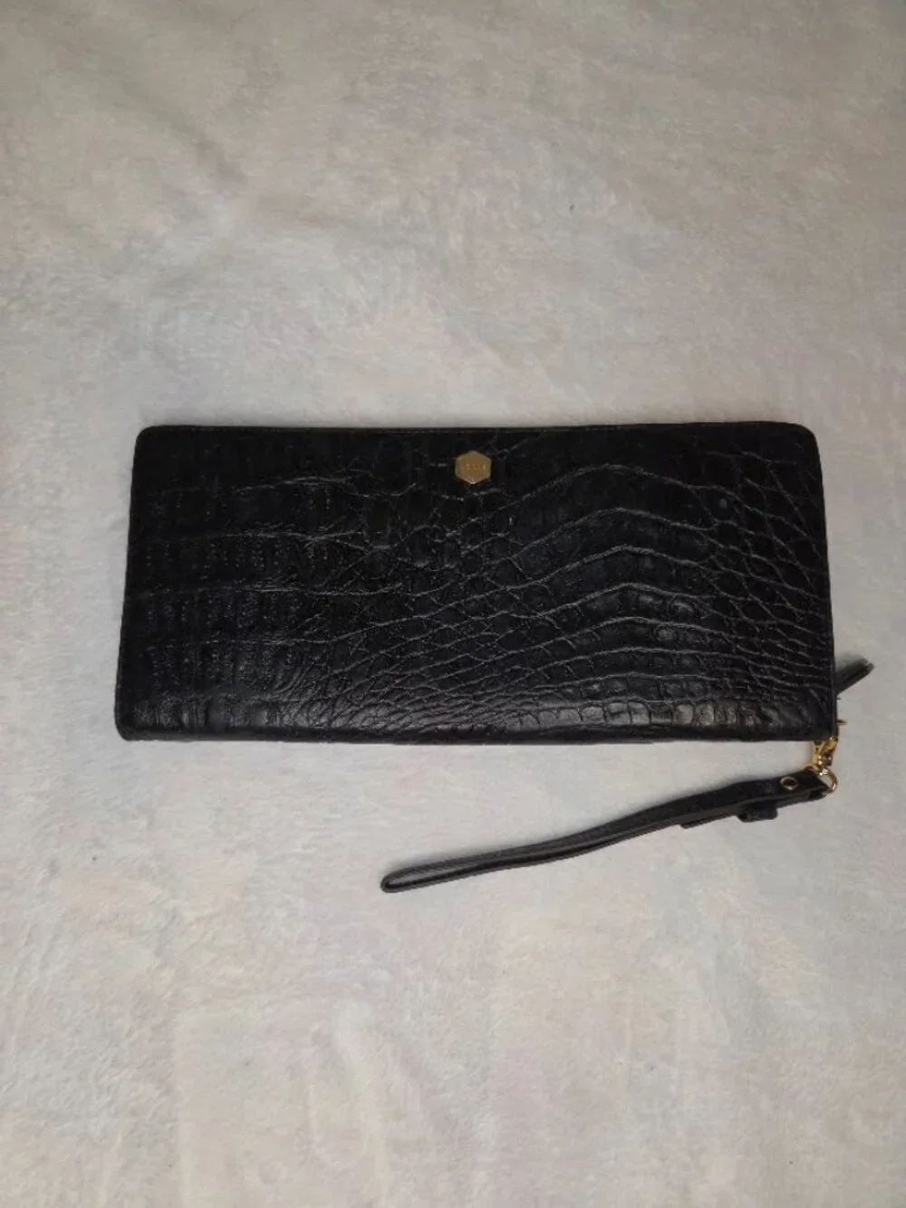 Lodis Black Croc Embossed Leather Zip Around Wristlet Wallet